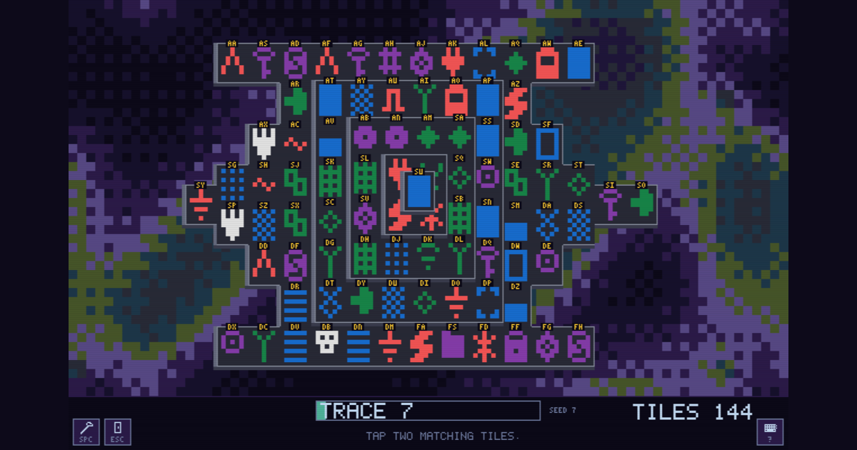 A board of circuit-glyph tiles stacked in layers, with the trace meter and the tile count below.