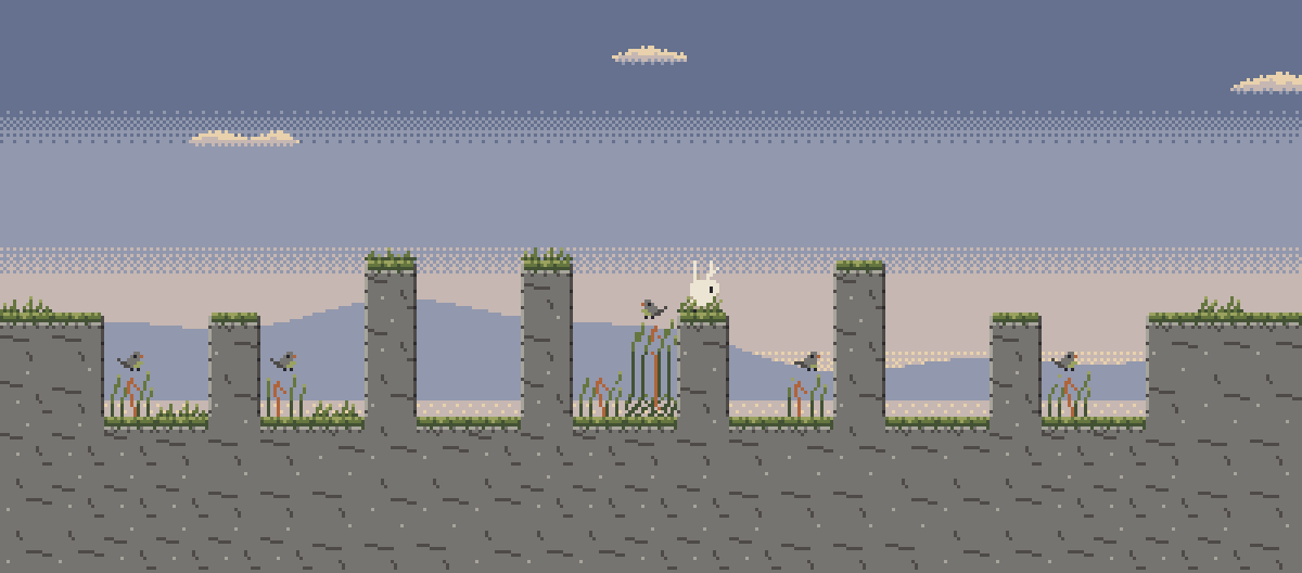 A small white long-eared creature standing on old stones at dawn, with birds on the reeds.